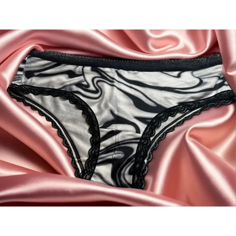 New Bikini Brief Lace Accent Black White Abstract Small Panties Underwear NWOT